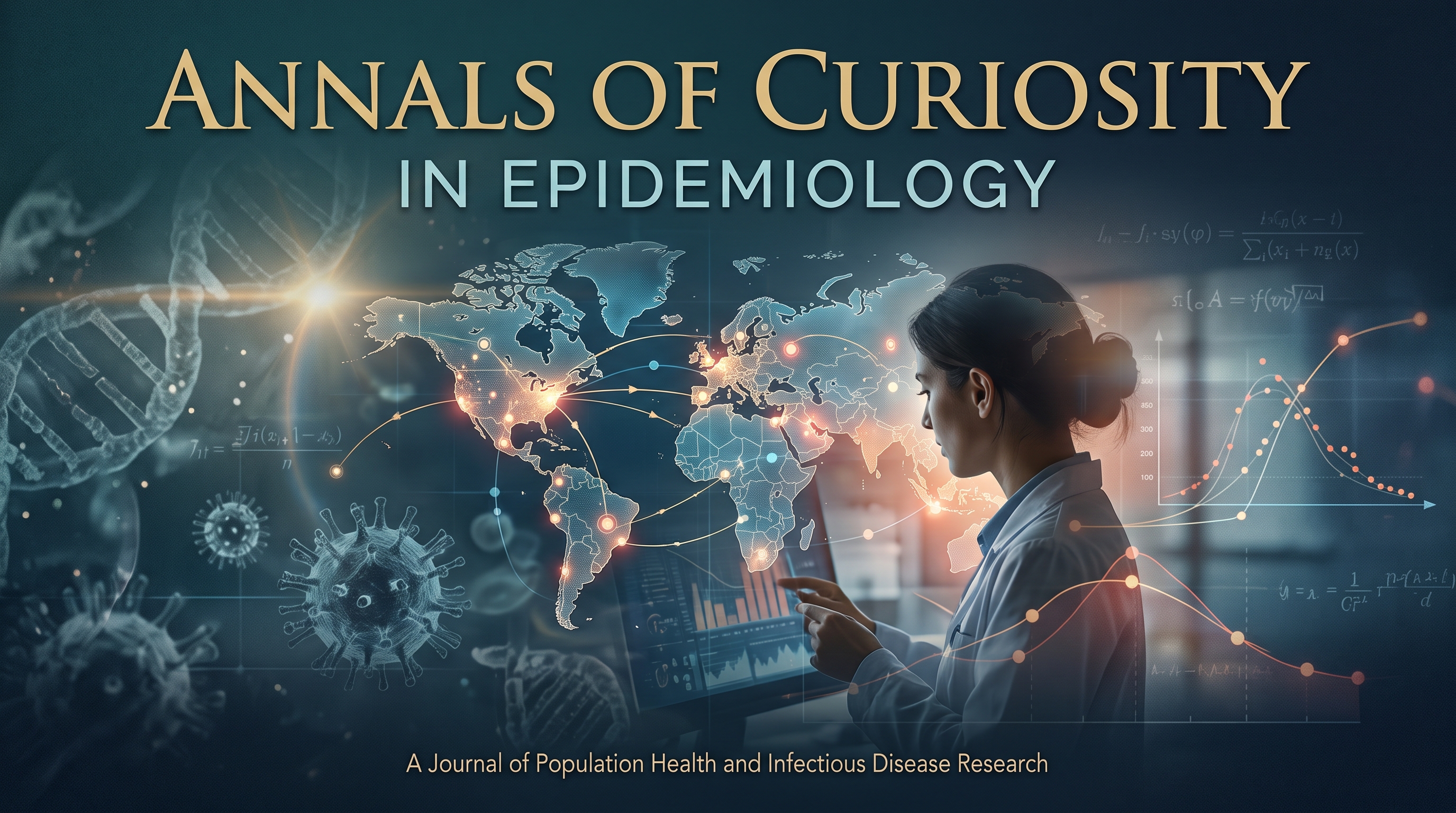 Banner for Annals of Curiosity in Epidemiology depicting global disease transmission data on a world map, statistical curves, and a researcher analyzing public health metrics.